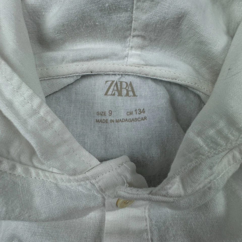 Zara 儿童白色亚麻连帽衫 9 码轻便 3/4 纽扣口袋 — 第 2/4 张图片