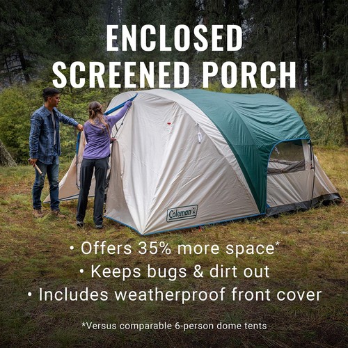 Coleman - Screened Cabin Waterproof Camping Tent, Evergreen, Carry Bag, 6 Person - Picture 2 of 9