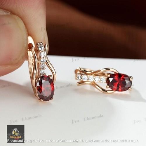 2.70Ct Oval Lab-Created Red Garnet Huggie Hoop Earrings 14K Yellow Gold Plated - Picture 3 of 13