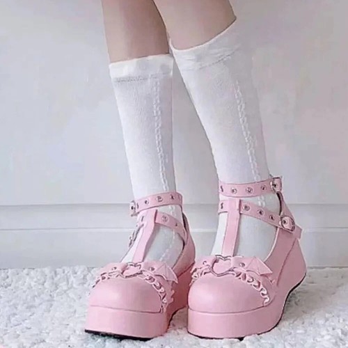 Women T-Strap Heart Buckle Wedges Mary Janes Shoes Platform Cosplay High Heels - Picture 8 of 14