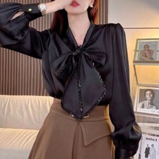 Dama Moño Blusa Camisas Imitación Seda Satén Prendas para el torso Camiseta Encaje Cinta Retro Básica Suave