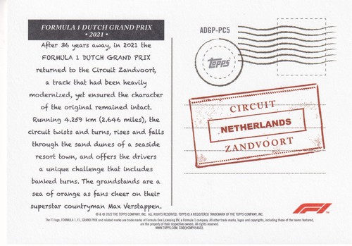 Zandvoort 2022 Topps Formula 1 F1 Box Topper Gran Prix Netherlands #PC5 - Picture 2 of 2