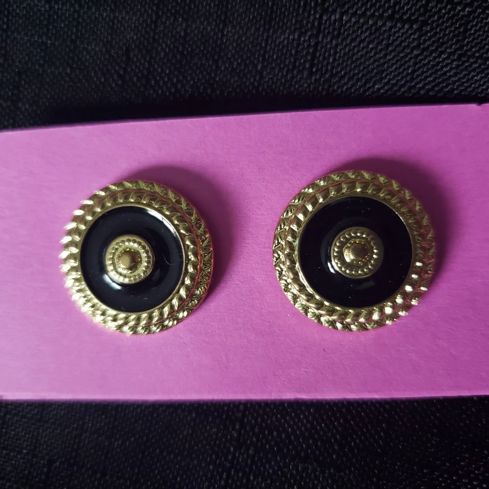 2x Vintage 21mm Black Enamel Braided Rope Gold-Tone Metal Circle Shank Buttons - Image 4 of 4