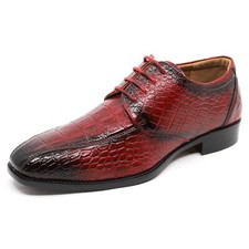Burgundy Red Men's Alligator Crocodile Print Oxford Fashion Lace Up Dress Shoe