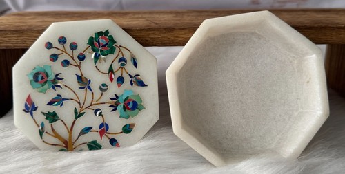 Marquetry Malachite Lapis Floral Hakik Marble Jewelry Box with Handmade Inlay - Picture 3 of 10