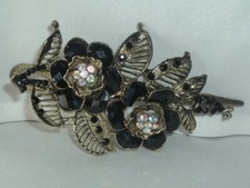 VINTAGE AB RHINESTONE BLACK FLOWER LEAF LADYBUG SPRIG HAIR CLIP UP DO ACCESSORY