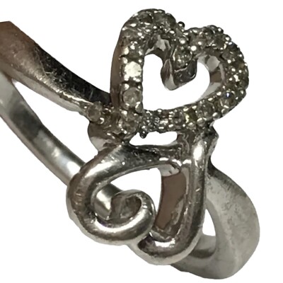 Wunderschöner Ring zwei Herzen Liebhaber ein Diamant Chips 925 Sterling Silber * Größe 7