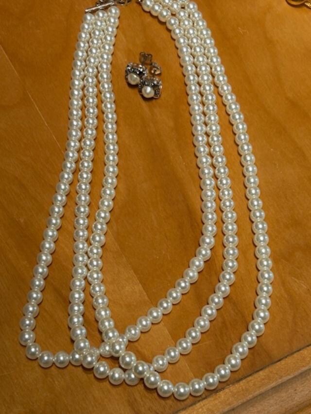 The Franklin Mint Jackie Kennedy Three Strand White Pearls Pierced