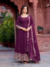 Stylish Look Faux Georgette Purple Gown And Bottom With Dupatta For Reception