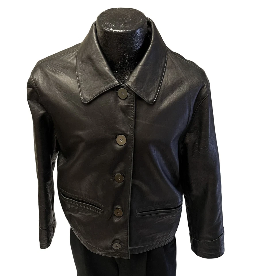 De Colección Años 90 Express Mujer Negro GUANTE Cuero Btn Abrigo Chaqueta Forrada Aislante Foto 2 de 4
