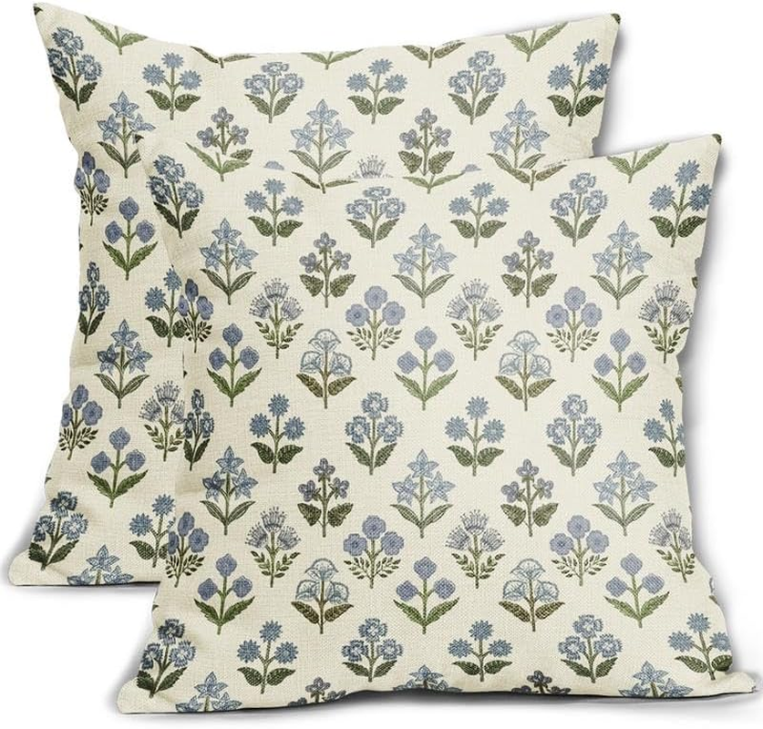 Vintage Blue Green Floral Spring Block Print Pillow Covers 18x18 Set of 2