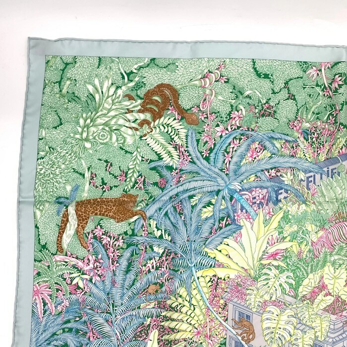 Hermes Scarf Stole Faubourg Tropical Green Botanical Floral Silk