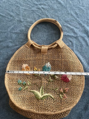 Vintage Straw Bag Wooden Handles Floral Embroidered Boho - Picture 3 of 6