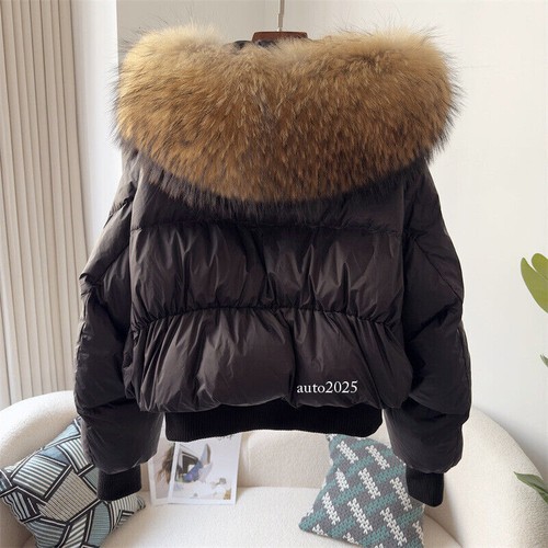 Abrigo de invierno para mujer chaqueta corta de plumón 90 % blanco plumón de pato con capucha cuello de piel de zorro - Imagen 18 de 33