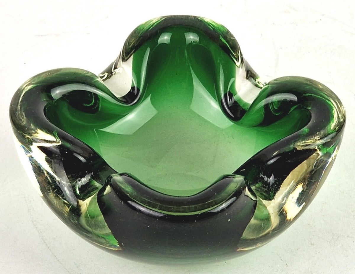 工芸品 Vetri Murano Ashtray Vintage Murano Glass Ashtray MCM Antique Red/Orange Silver
