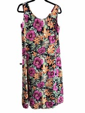 VTG 90s Colorful Tropical Hawaiian Floral Print Rayon Boho Festival Midi DRESS S