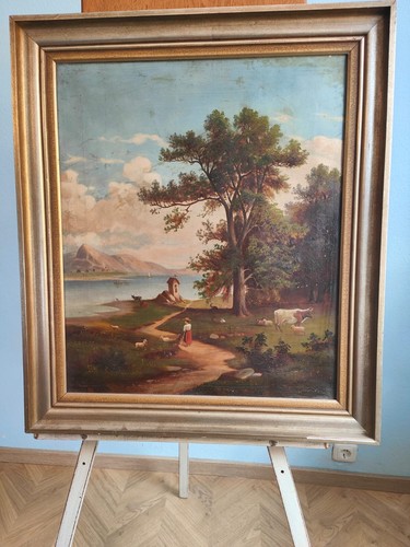 Ölgemälde 19. Jahrhundert Bäuerin am Bergsee Süddeutschland Menschen Landschaft - Picture 3 of 11