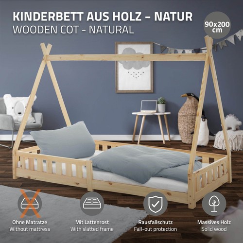 Cama infantil tipi anticaída natural en madera de pino y somier 200x90cm - Imagen 2 de 7