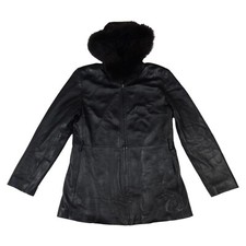 VINTAGE Marvin Richards Black Fox Fur Hooded Full Zip Leather Jacket - Size M