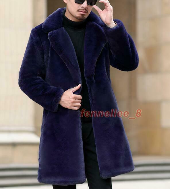 Mens Mid Long Imitation Fur Jacket Winter Warm Lapel Coat Thicken