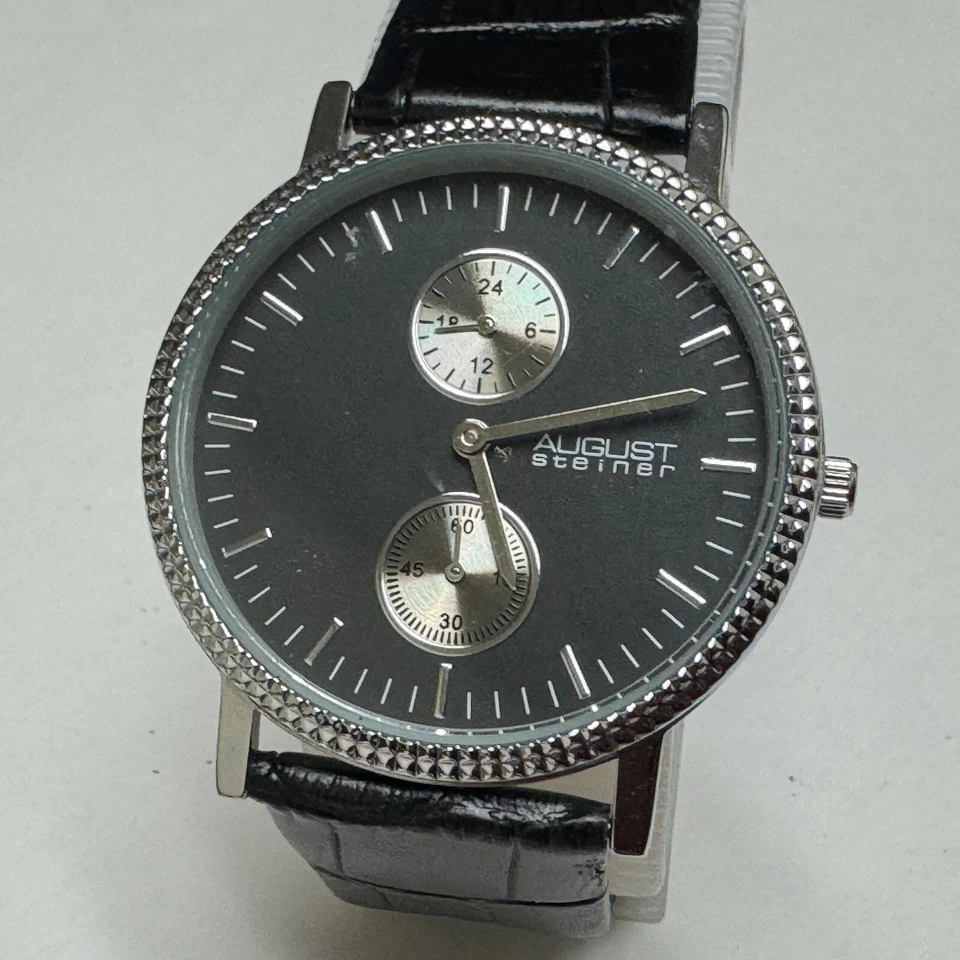 August Steiner Quartz Watch Men Silver Black Small second Leather New Battery - Image 2 of 4