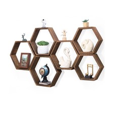 NOVIMANGO Hexagon Floating Shelves Set of 6 Honeycomb Shelves for Wall Wood F...