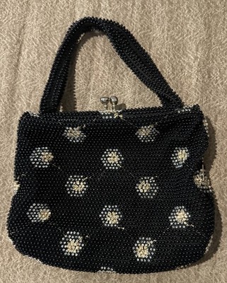 VTG Corde Beaded Black Handbag Purse Bag Lumured Floral w Mirror 1950's