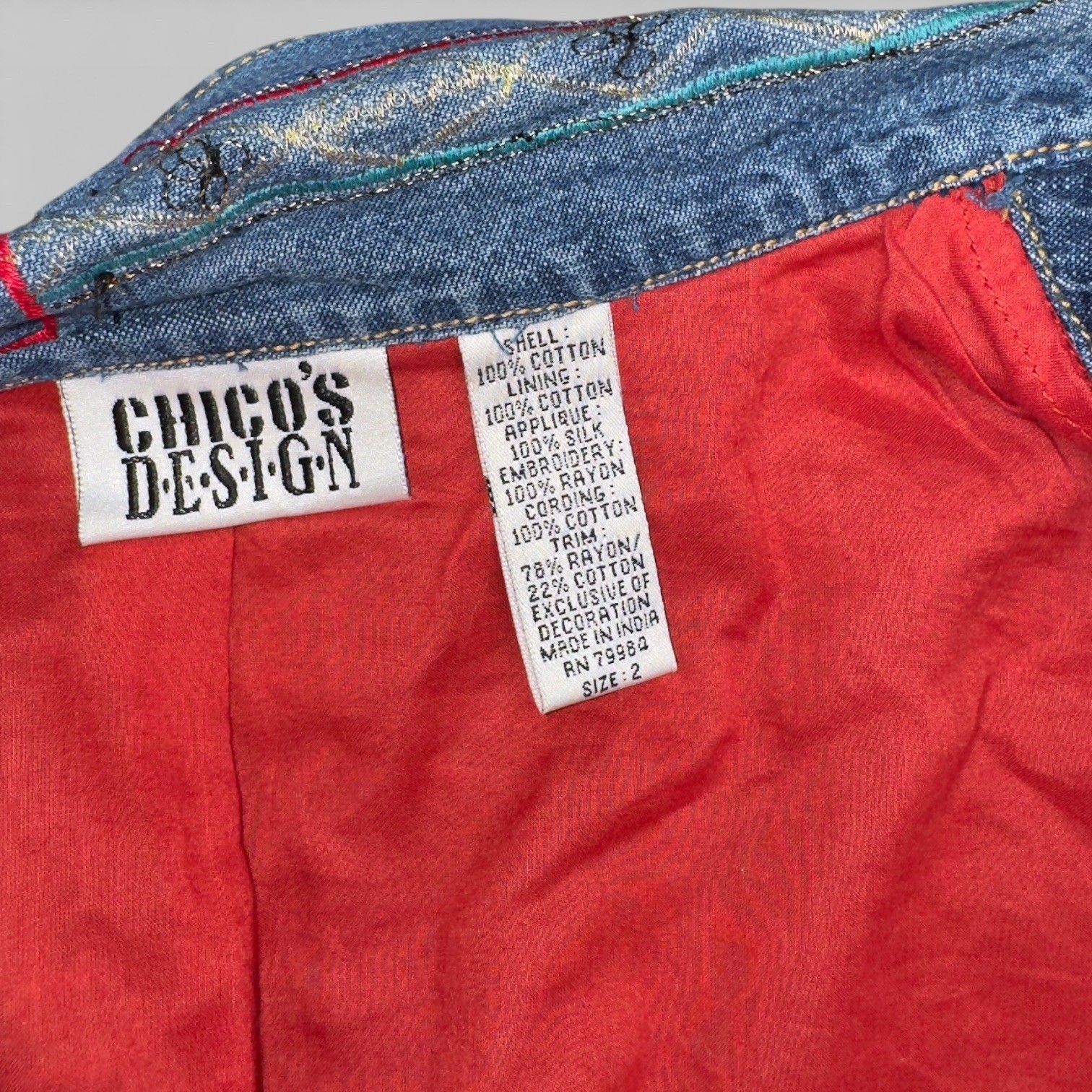 Chico's Design Denim Jacket with Patchwork Size 2… - image 4