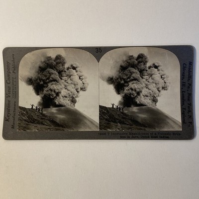 Antique Stereoview Card Keystone Volcano Erupts in Java Dutch East Indies