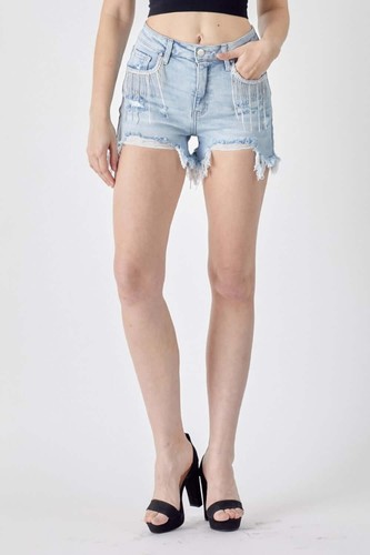 RISEN Frayed Hem Denim Shorts with Fringe Detail Pockets - Picture 6 of 8