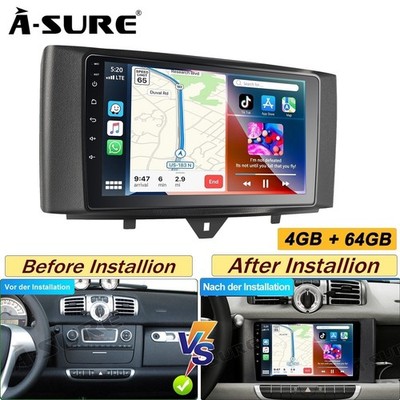 4+64G Android 15 Autoradio Carplay GPS Navigation Für Smart Fortwo 451 2010-2015