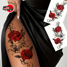 2pcs Red Waterproof Temporary Rose Flower Tattoos for Arm Leg Chest Thigh Women