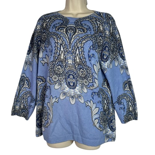 Talbots Audrey Cashmere Sweater Women XL Blue Paisley Medallion Print 3/4 Sleeve - Picture 2 of 15