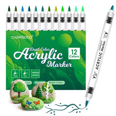 Green Tones Acrylic Paint Pens, 12 Colors Markers Set with Soft Brush & Bulle...