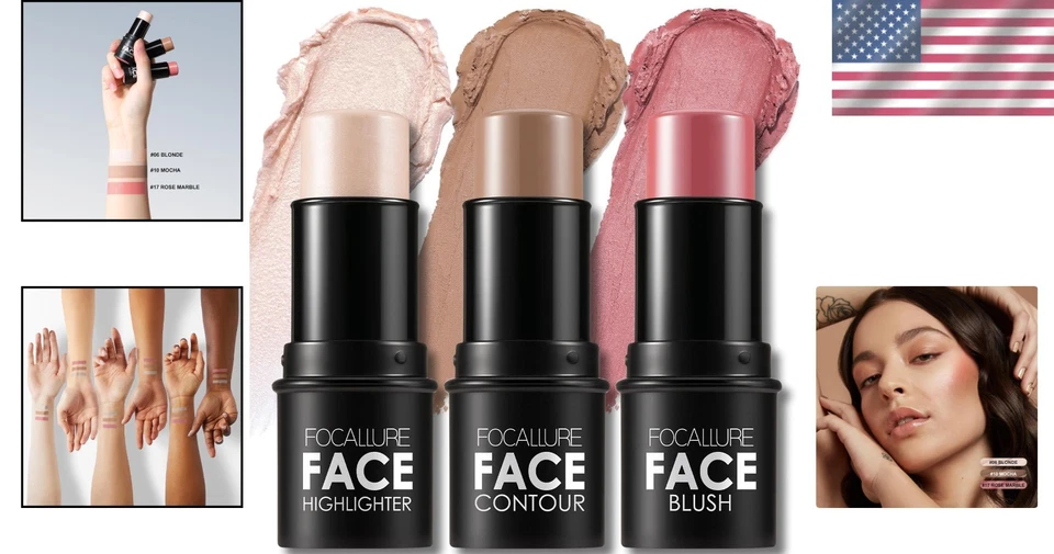 Cream Contour Sticks Set 3 Shades Highlighter Bronzer Blush Face Makeup - Image 2 of 4