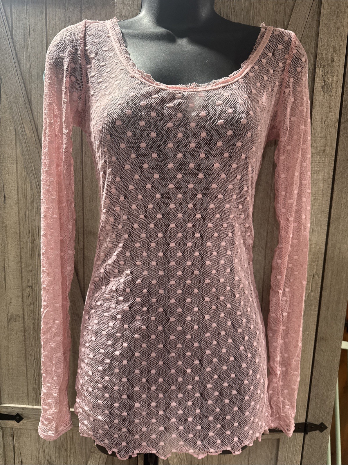 Vintage Free People OS Mini Dress Sheer Pink Lace Polka Dot Stretchy S M L