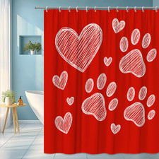 Cute Red Shower Curtain with Hearts and Paw Prints
