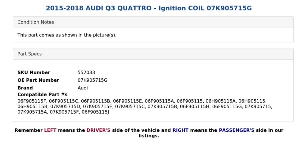 AUDI Q3 QUATTRO 2015-2018 - bobina de encendido 07K905715G Foto 4 de 4