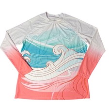 Voyager Long Sleeve Rash Guard Sun Shirt Waves Print Coral Blue White 2XL