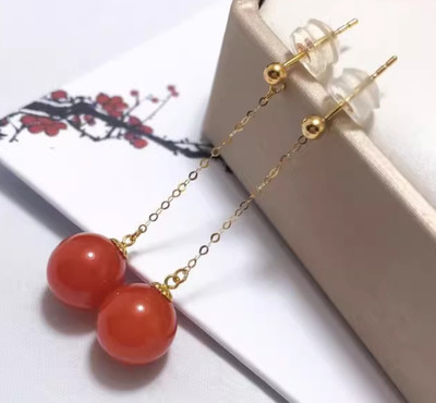 14k Yellow Gold round 10mm red Jade Ball Dangle Earrings Beautiful earrings