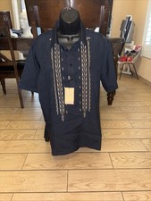 Navy Short Sleeve Wavy-Pattern Cotton Polo Barong Tagalog ORDER US SIZE