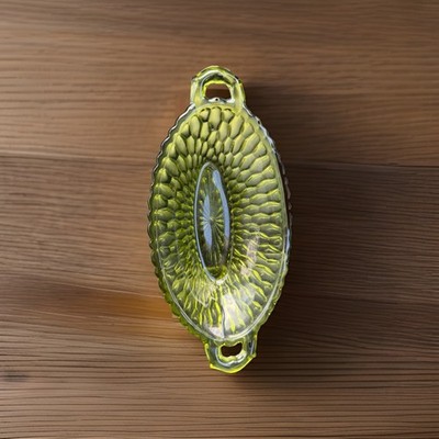 Vintage 1960s Indiana Glass Avocado Green Honeycomb Oval Pickle Dish 2- Handles