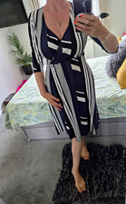 Anthology Size 10 Navy White Black Stripe Wrap Dress V-Neck 3/4 Sleeve Midi