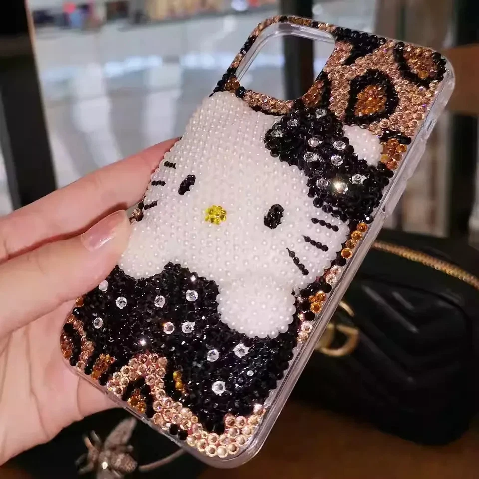 Linda funda de gato de dibujos animados con diamantes brillantes para iPhone 17 16 15 14 13 12 11 X Pro Max Foto 2 de 4