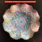 NORTHWOOD “WISHBONE” AMETHYST CARNIVAL GLASS SCROLL FOOTED BOWL – AVERAGE!