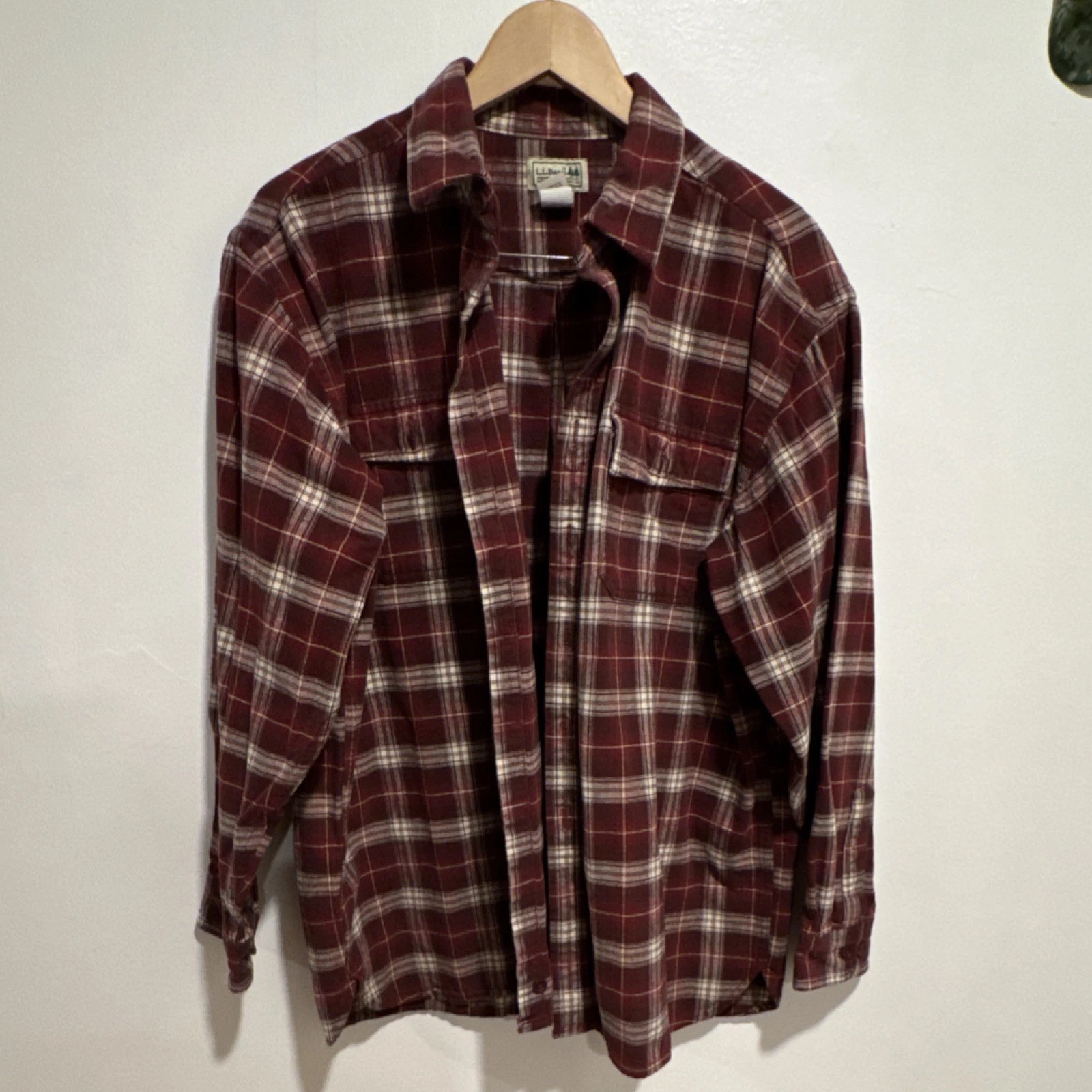 L.L.Bean Mens XL Reg Plaid Flannel Shirt Maroon Cream 100% Cotton Long Sleeve