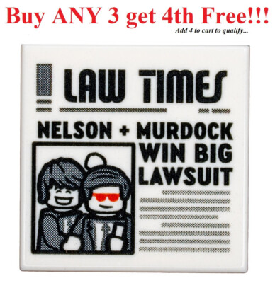  NEW Lego Tile 2 x 2 Newspaper 'LAW TIMES' & 'NELSON + MURDOCK WIN BIG LAWSUIT'