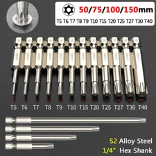 T5,6,8,10,15,20,25,30,40 TORX Screwdriver Bit Set 50/75/100/150mm 1/4" Hex Shank
