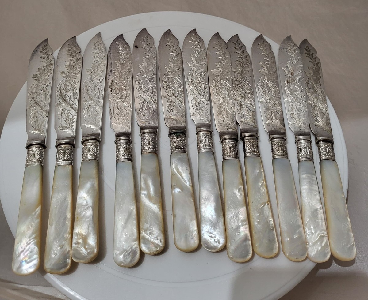 Sterling Silver ヴィンテージ マザーオブパール ナイフ 12 ANTIQUE Lee Wigfull Silver Color w/ Mother of Pearl