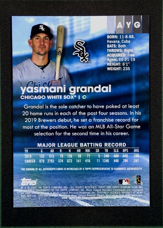 2020 Topps Stadium Club Baseball #AYG Yasmani Grandal Autograph - White Sox - Image 2 of 3